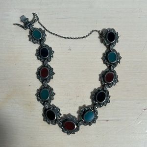 𝅺VINTAGE Silver bracelet nephrite jade in green, red and black. - appr 8” long